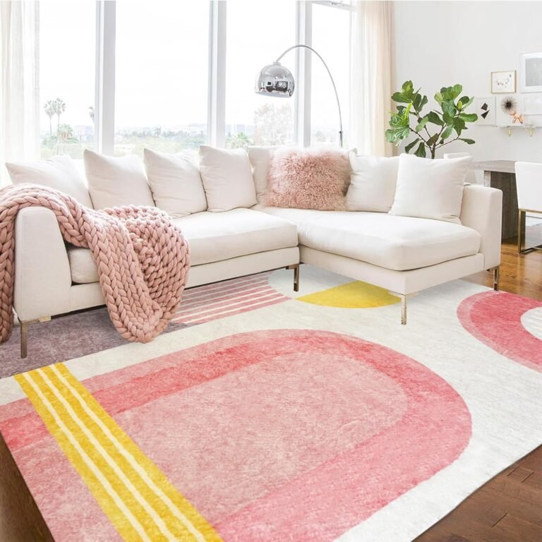 USTIDE Pink Geometric Kids Rug 5×7/55″x78″ Modern Washable Area Rug Soft Fluffy Girls Bedroom Rug Indoor Throw Carpet for Living Room Nursery Play Room