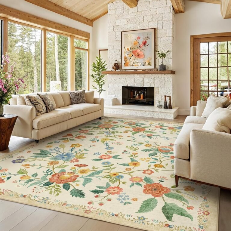 Amada 8×10 Area Rugs, Non-Slip & Low-Profile Large Area Rug with Reinforced Edge Binding, Washable Soft Boho Floral Rugs for Living Room, Bedroom, Dining Room