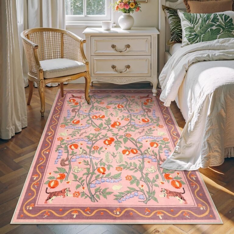 OJIA Animal Print Washable Rugs 5×7 Nursery Rug, Soft Pink Playroom Rug Non-Slip Boho Area Rug, Ultra-Thin Modern Floral Living Room Carpet for Bedroom Kids Room Classroom Office