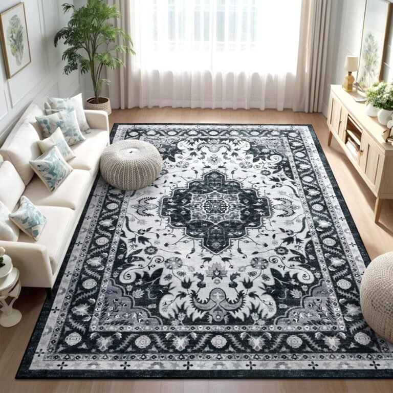 Area Rugs for Living Room, 4×6 Washable Non Slip Vintage Rugs, Low Pile Ultra Soft Indoor Print Pattern Carpet for Bedroom, Entryway, Office, Dining Room, Home Decor, Dark Grey