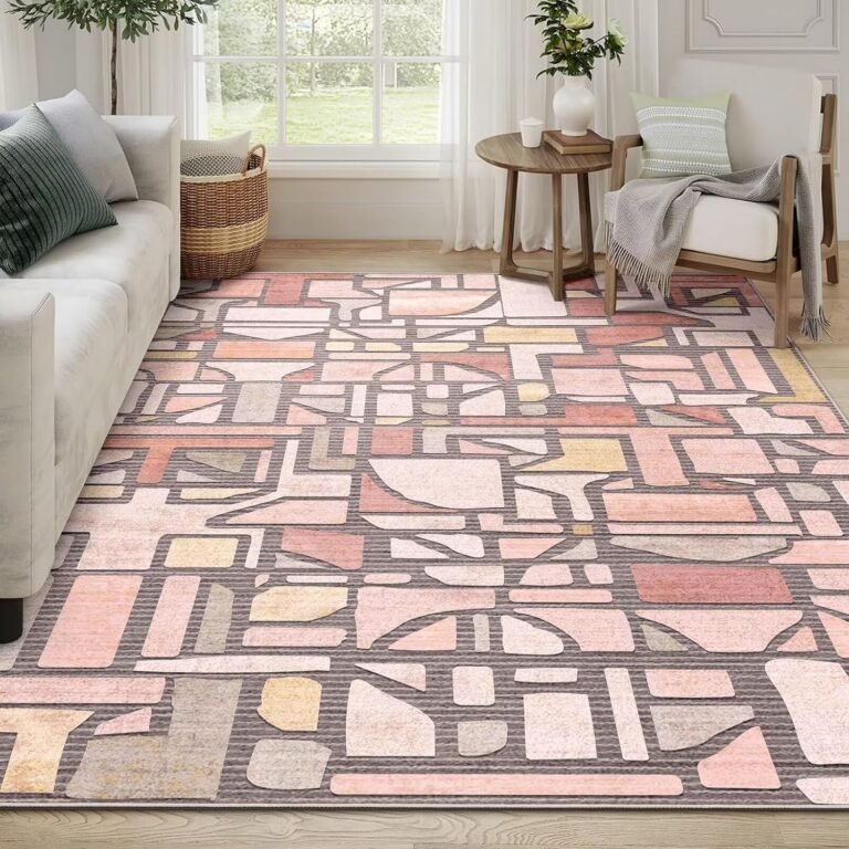 DEXDE 5×7 Area Rug, Vintage Checkered Abstract Rugs for Living Room, Non Slip Washable Large Low Pile Soft Modern Floor Carpet for Dining Room Bedroom Kitchen Office Nursery Playroom, Pink