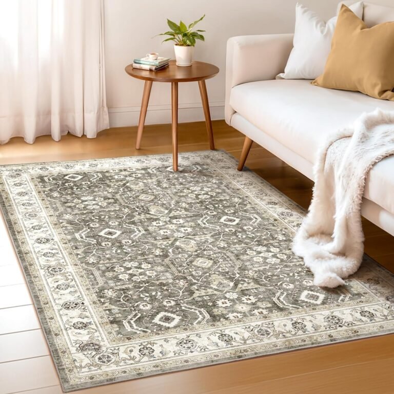 WITSHOCK Living Room Area Rugs 4×6: Washable Rug Boho Soft Non-Slip Low Pile Stain Resistant Foldable Carpet for Bedroom Playroom Dining Room Office Kitchen Farmhouse Home Decor Rug-Brown/Beige