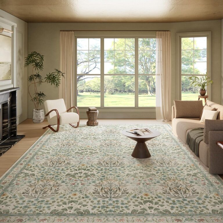 9×12 Washable Area Rug, Soft Non Slip Low Pile Rug for Living Room, Bedroom, Large Dining Room, Vintage Floral Design, Stain Resistant Carpet