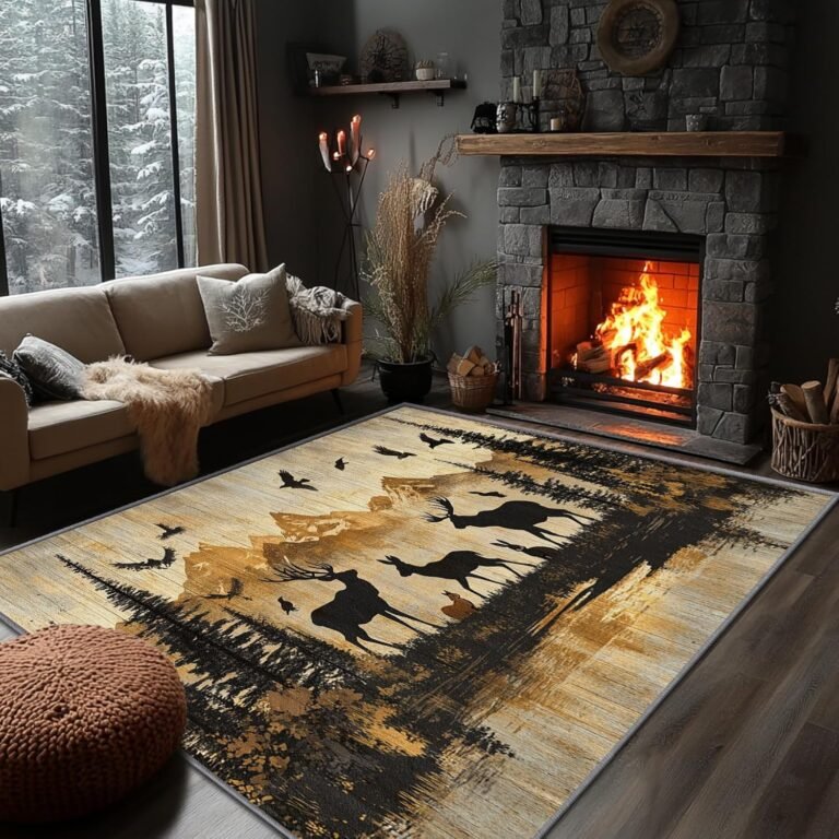 Wildlife Rugs for Cabin – Wildlife Rug, 4×5 Rug, Deer Moose Wild Animal Silhouette Area Rug, Rustic Wood Print Carpet, Washable & Non Slip & Soft Large Rugs, Wildlife Home Decor