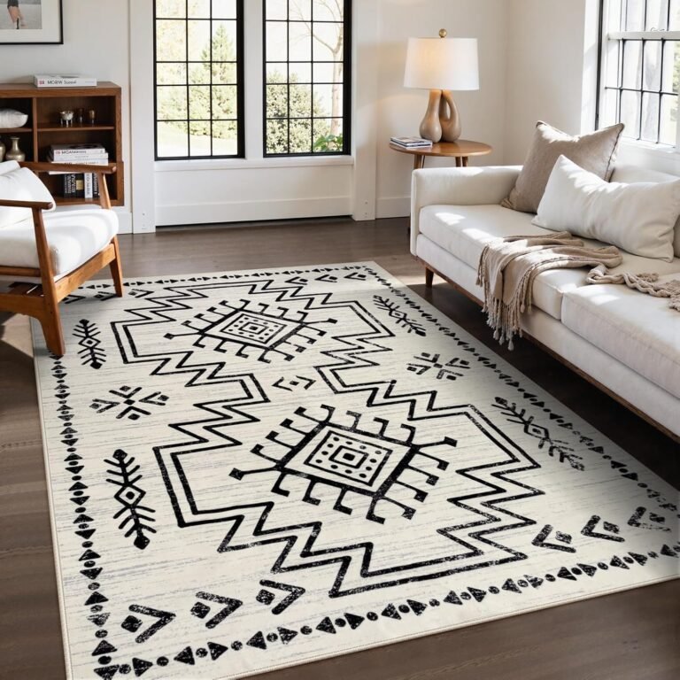 Lahome 5×7 Moroccan Living Room Rugs, Boho Soft Washable Area Rugs for Bedroom, Western Low Pile Non Shedding Distressed Aztec Dining Room Carpet for Office Home Decor (Ivory)