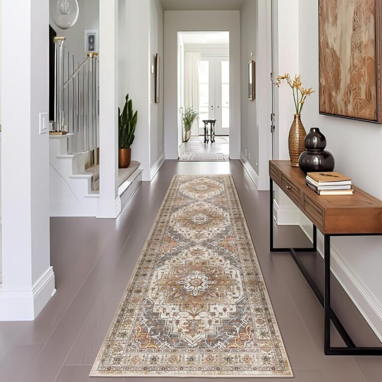 Madane Runner Rug 2×8, Washable Hallway Runner Rugs, Non-Slip Low-Pile Soft Kitchen Rug Runner Laundry Room Rug, Vintage Throw Entry Foyer Mat for Entrance Living Room (Turmeric/Grey, 2 x 8)
