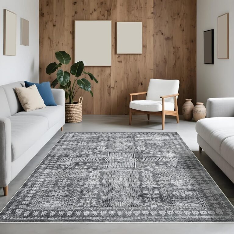 8×10 Vintage Floral Elegant Style Thin Area Rug, Refined Decorative Washable Foldable Carpet with Non Slip Backing, Easy to Clean for Living Room, Bedroom, Entryway, Study, Office – Gray