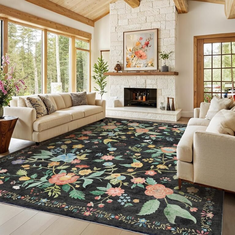 Amada 8×10 Area Rugs, Non-Slip & Low-Profile Large Area Rug with Reinforced Edge Binding, Washable Soft Boho Floral Rugs for Living Room, Bedroom, Dining Room