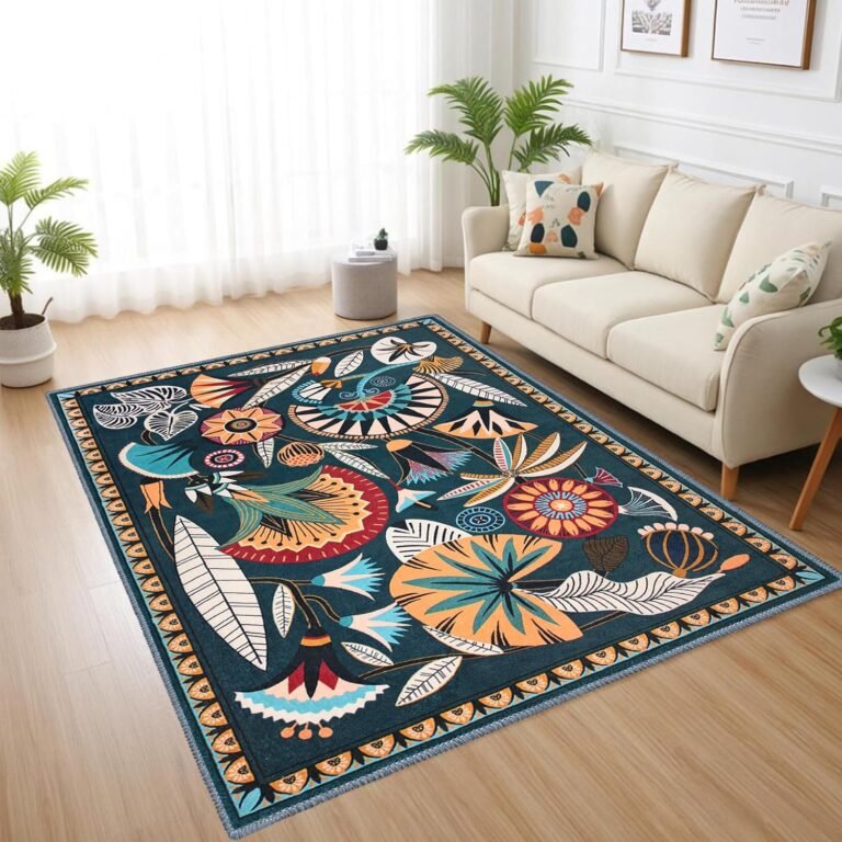 Colorful Area Rug, Non-Slip Machine Washable Midcentury Modern Rug, Vintage Floral Carpet Suitable for Entry Kitchen Bedroom Laundry Room (Green 3×5)