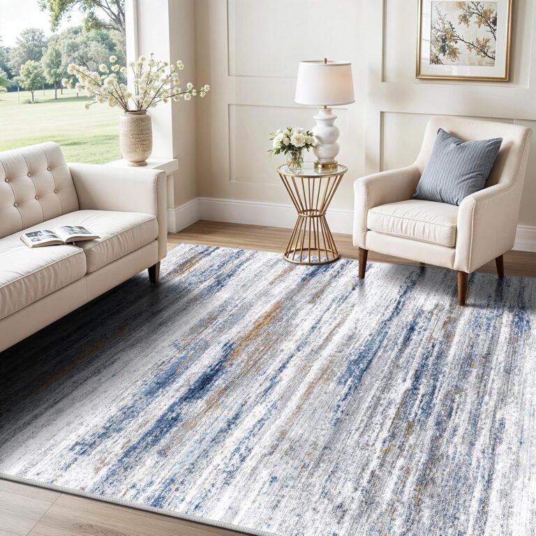 5×7 Area Rug for Living Room: Non-Slip Washable Rugs for Dining Room Bedroom Study Home Office – Easy-to-Clean Stain and Water Resistant Carpet – Soft Low-Pile Mat Navy Grey