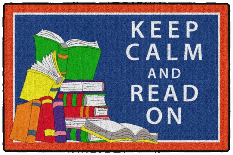 Flagship Carpets – Keep Calm & Read On Area Rug for Children’s Classroom, Kid’s Bedroom, Teacher’s Space and at Home Family Living or Play Room, 2′ x 3′, Red&Blue