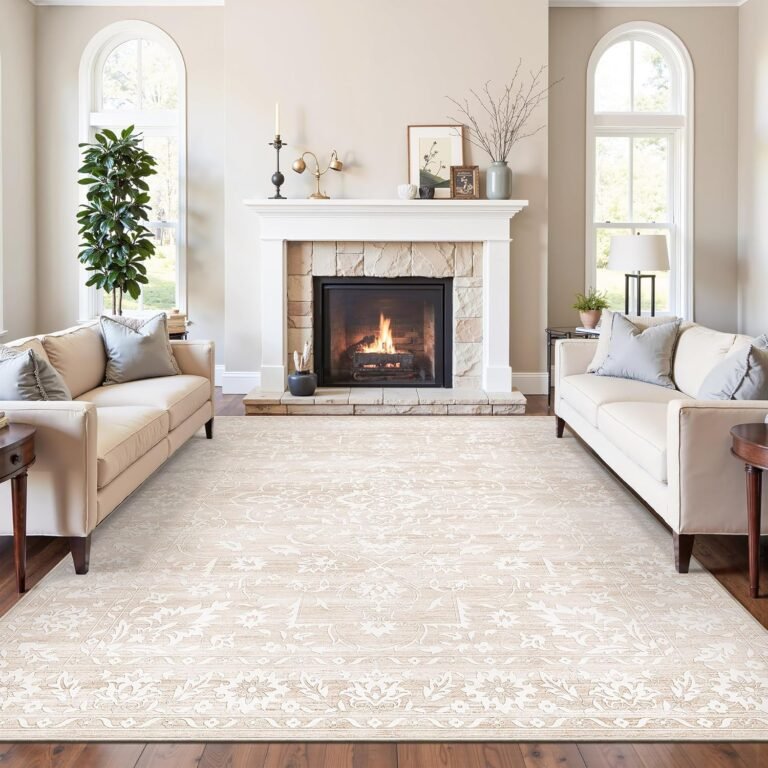 8×10 Area Rugs for Living Room, Stain Resistant Washable Rug for Dining Room, Bedroom, Floral Vintage Non-Slip Thin Carpet Beige