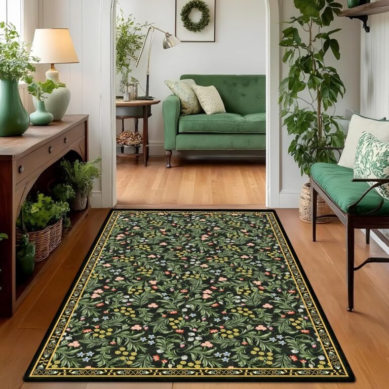 Green Washable Area Rug 3×5, Boho Floral Low Pile Vintage Rug for Living Room Bedroom, Non-Slip Botanical Carpet for Farmhouse Dining Room Office Decor