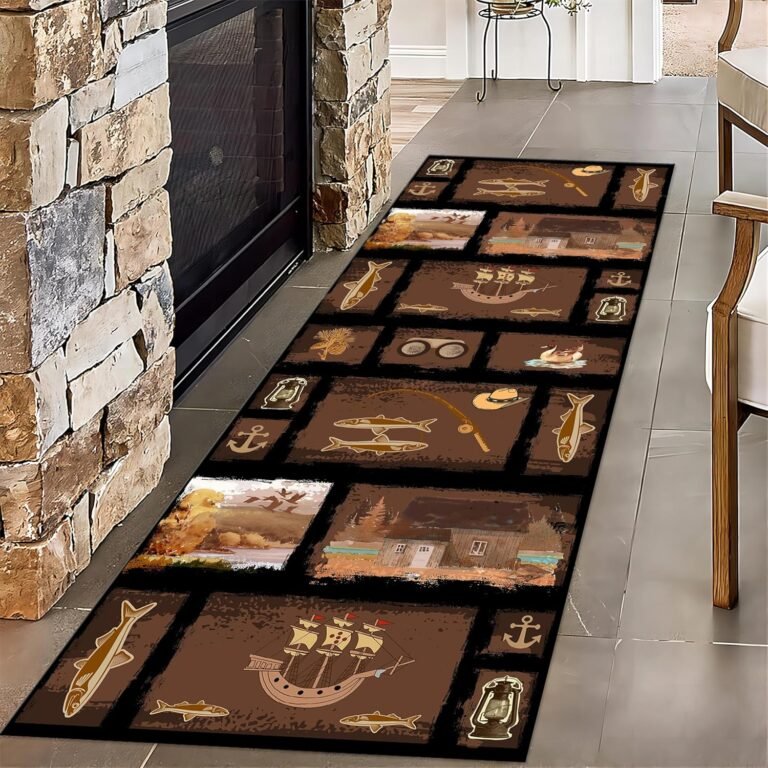Cabin Fishing Runner Area Rugs, 2x6ft, Natural Brown Wilderness Cabin Rug, Anti-Slip Foldable No Crease Carpet, Breathable Reduce Noise Front Porch Rug for Study Room Dining Room