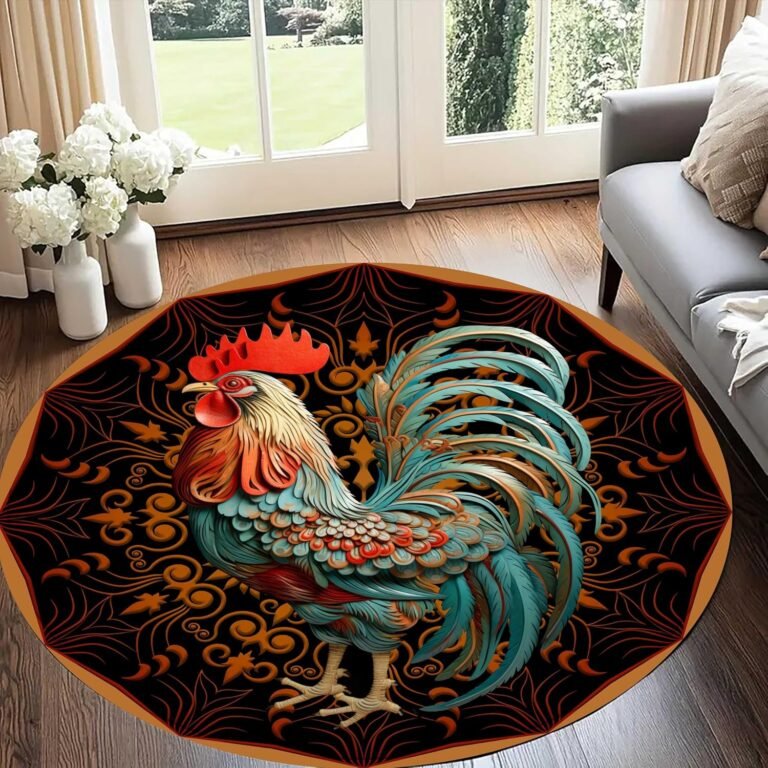 Abstract Chicken Round Rug, 3ft Beautiful Colorful Rooster Abstract Rug, Non-Slip Washable Low Profile Office Rug, Suitable for Living Room Kitchen Study Room Welcome Entrance Rug