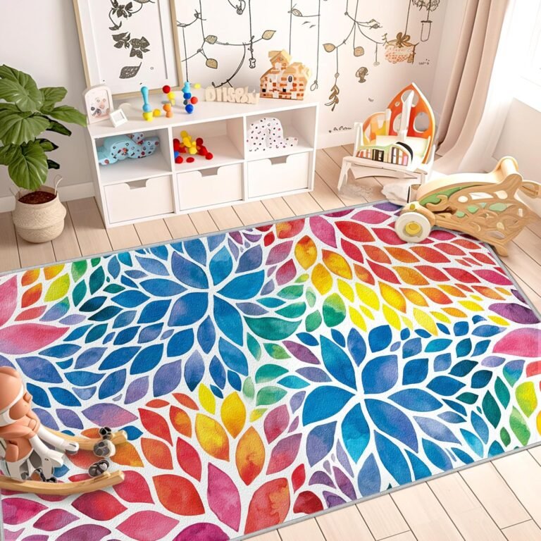Abstract Colorful 4×6 Area Rug Modern Rainbow Dahlia Floral Rugs Multicolor Kids Area Rugs, Non-Slip Machine Washable Floor Carpet for Bedroom Living Room Home Office Decor 4′ x 6′
