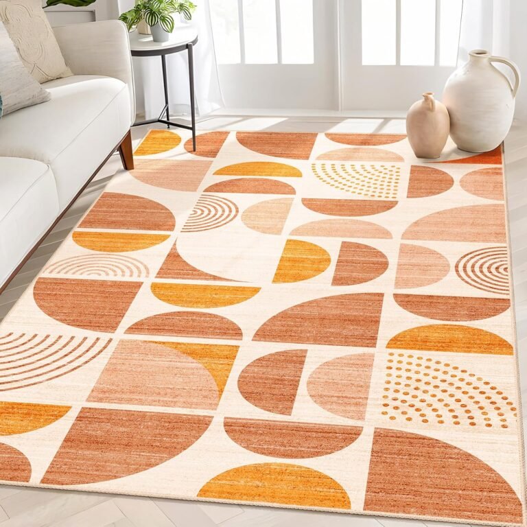MUJOO Boho Rug Washable,4×6.5 Area Rugs for Bedroom Living Room Bedside Office,Throw Floor Carpet Non Slip Soft Indoor Modern Abstract Bohemian Orange