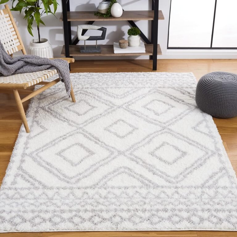 SAFAVIEH Area Rug 8×10 – Berber Shag Collection – Large – Ivory & Grey, Moroccan Design, Non-Shedding & Easy Cleaning, Plush Thick Pile, Ideal for Living Room, Bedroom, Dining Space (BER589A)
