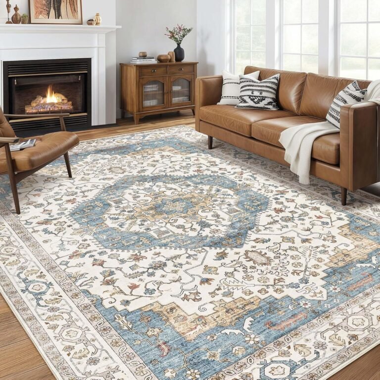 Area Rug for Living Room – 10×12 Soft Washable Oriental Vintage Floral Distressed Large Carpet – Fade Stain Resistant Non Slip Rugs for Bedroom Dining Room Nursery Dorm Office Home Decor – Blue/Beige