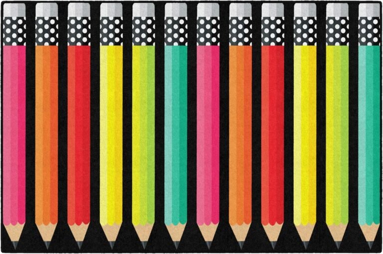 Flagship Carpets Schoolgirl Style Stylish Black & White Brights Pencil Classroom Area Rug for Indoor Classroom Learning or Kid Bedroom Educational Play Mat, 5’x7’6″, Multi
