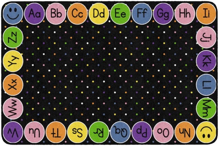 Flagship Carpets Smiley Abc’s Educational Area Rug for Kids Room Seating Décor, Children’s Classroom, Play Carpet for Teaching and Playroom, 4′ x 6′, Black