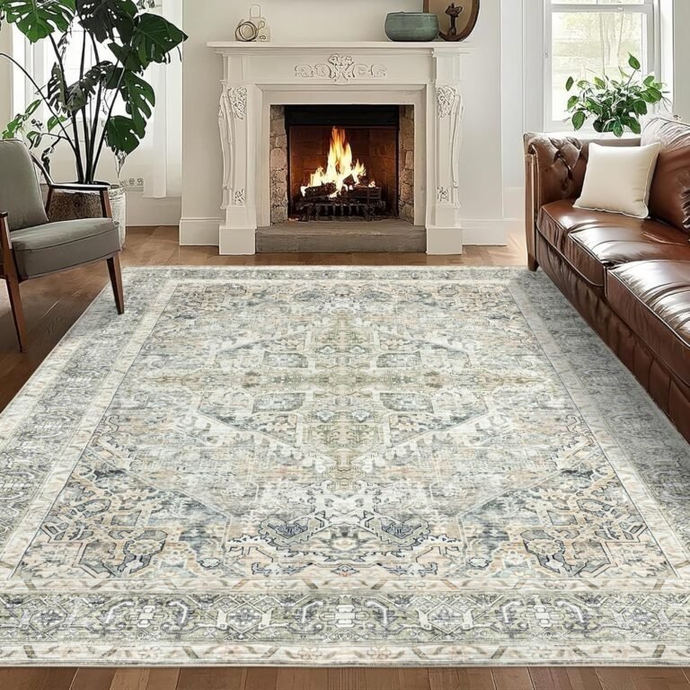 Washable Area Rug 8×10: Machine Washable Rugs Carpet for Living Room Bedroom – Non Slip Oriental Rug for Dining Room Table – Low Pile Vintage Soft Rug for Home Decor – Antique Sage Beige