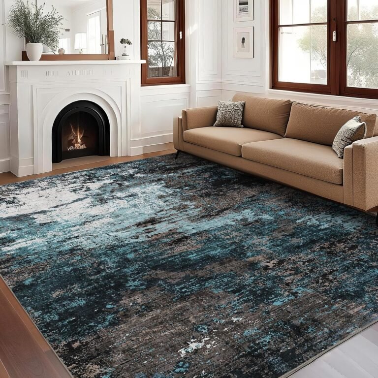 6×9 Abstract Art-Inspired Thin Indoor Rug, Distressed Oil Painting Pattern Low Pile Area Mat with Soft Surface, Easy to Clean & Stain Resistant for Living Room, Bedroom, Entryway, Study – Blue