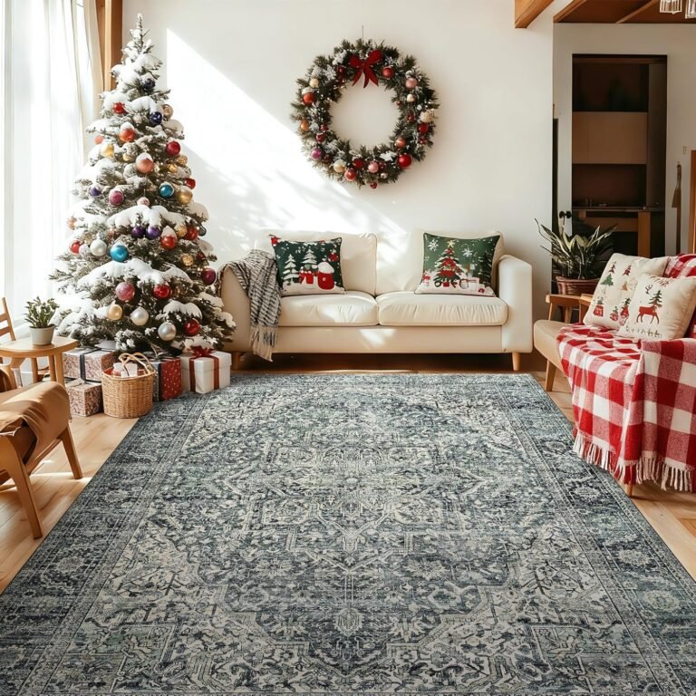 Green Area Rug 5×7 Machine Washable Rug for Bedroom Living Room Boho Vintage Oriental Farmhouse Floral Carpet, Dark Green