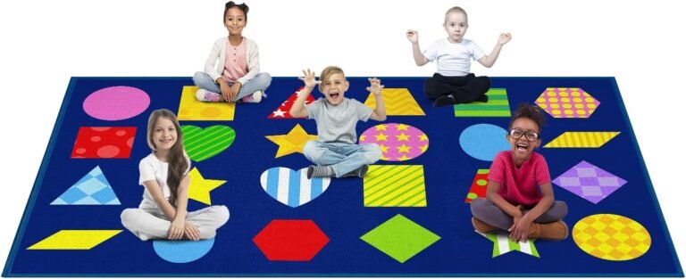 ABCarpet Classroom Rug Kids Carpet 7.5 x 13 ft Blue Library Carpet with Shapes Educational Rugs Elementary School Daycare Nursery Reading Classroom Area Rug
