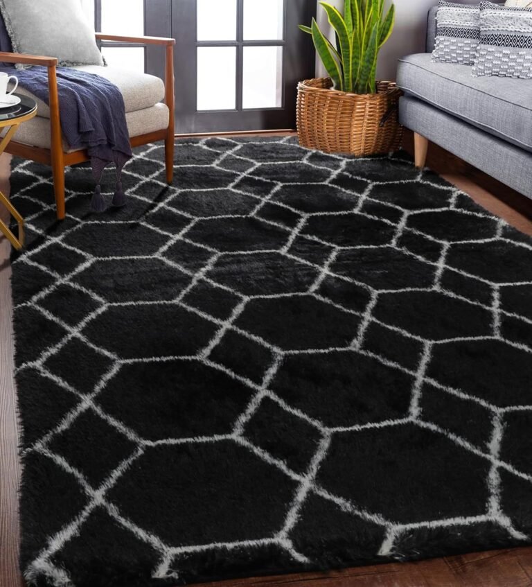 ONASAR Area Rugs for Bedroom Living Room, Fluffy 4×6 Black and White Rug, Geometric Shaggy Plush Bedside Indoor Floor Carpet for Nursery Kids Teens Girls Boys Dorm Home Office Decor