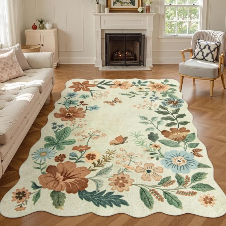 Lahome Floral Living Room Rug, 5×7 Rugs for Bedroom Ultra-Thin Soft Washable Dining Room Rug, Non Slip Stain Resistant Boho Low-Pile Throw Carpet for ‎Office (5x7ft,Beige)