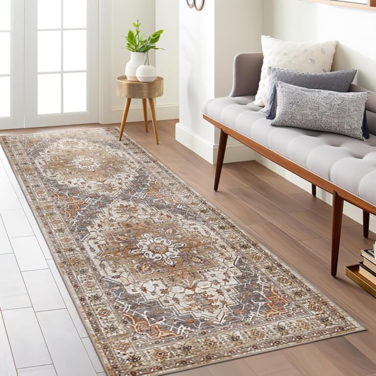 Madane Washable Runner Rug – 2×6 Rug Runners for Hallways 6 Feet Non Slip Vintage Kitchen Runner Rug Ultra-Thin Bathroom Runner Rugs Carpet Laundry Room Bedroom (2x6ft, Turmeric/Grey)