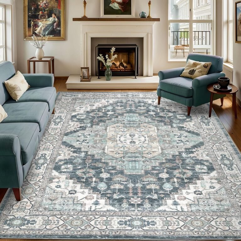 8×10 Vintage Washable Area Rug for Living Room,Low Pile Non Slip Carpet Non-Shedding Large Area Rug Soft Indoor Stain Resistant Rug Boho Print Mat for Bedroom Dining Room Blue Beige Multi