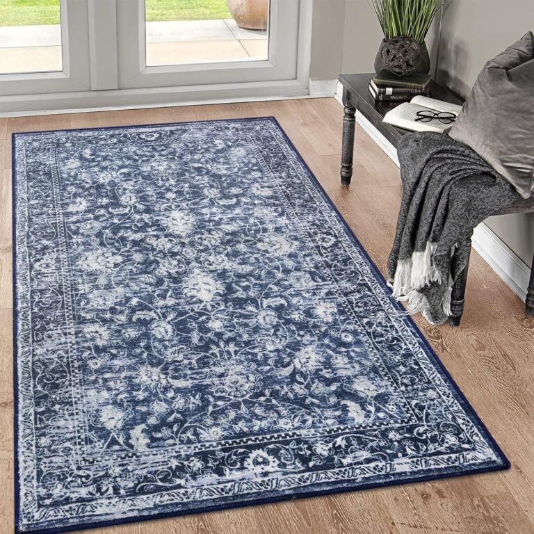KILOCOCO Area Rug 3×5 Washable Entryway Rug Printed Vintage Floral Rubber Backed Non Slip Indoor Blue Kitchen Rugs for Living Room Laundry Room Playroom Mudroom Moroccan Area Rugs