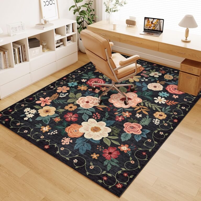 DUKINO 4×6 Feet Office Chair Mat, Lightweight Non Slip Washable Floral Area Rug, Indoor Low Pile & Non-Shedding Boho Design Rugs for Bedroom, Living Room, Dining Room, Black