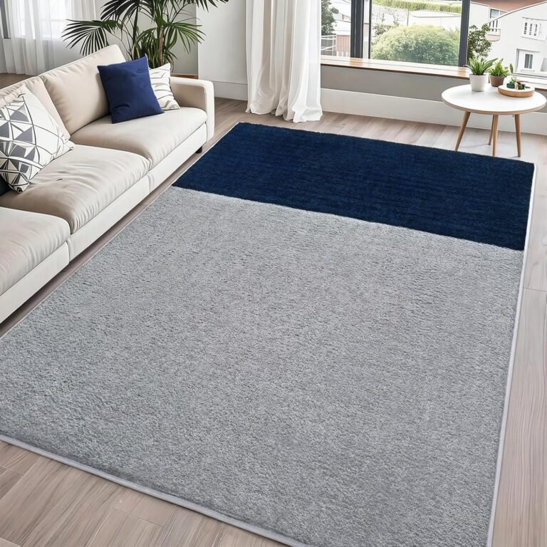 FALARK Rugs for Bedroom Living Room, 4×6 ft Grey Navy Blue Area Rug, Washable Memory Foam Non-Slip Carpet, Modern Minimalist Indoor Carpets for Boys Girls Kitchen Home Decor