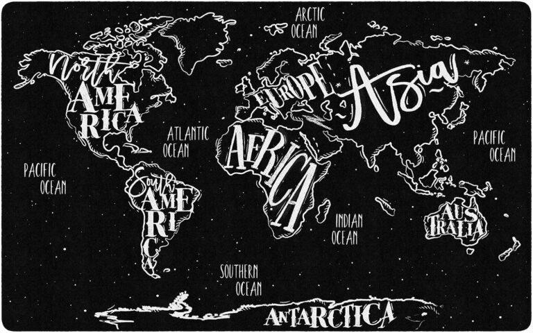 Flagship Carpets Modern World Map Area Rug for Classroom, Office, Home and School Playroom Mat, Kids Bedroom Carpet, 7’6″ x 12′, Black