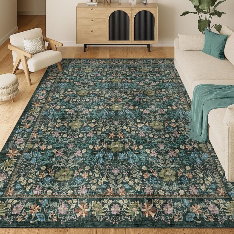 DUKINO 8×10 Area Rugs for Living Room, Vintage Floral Washable Rug with Non Slip Backing, Soft Low Pile & Non-Shedding Large Carpets for Bedroom, Farmhouse, Dining Room, Home Office, Blue
